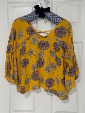 a.n.a Yellow Floral V-Neck Crisscross Peasant Blouse